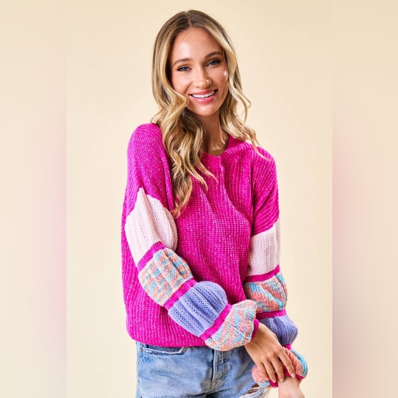 Boutique Squad Sweater with colorful puff sleeves (size large) - Picture 2 of 2